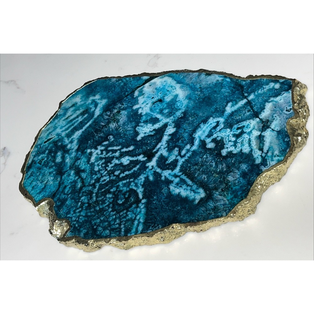 Turquoise Blue Agate Slab Vanity Tray Gold Edge Footed Decor India 10.5"